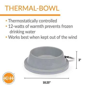 K&H Pet Products Thermal-Bowl Heated Water Bowl for Cats & Dogs Outside, Safety Listed Outdoor Heated Cat Bowl for Pets, Automatic No Freeze, Anti Chewy Cord - 32 Ounces Gray 12W