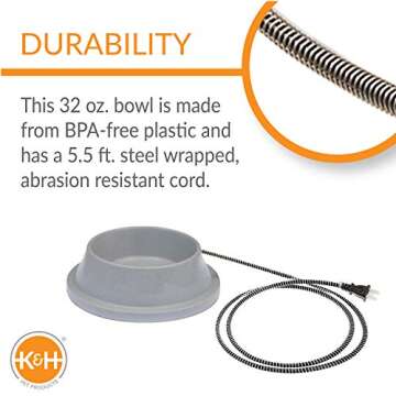 K&H Pet Products Thermal-Bowl Heated Water Bowl for Cats & Dogs Outside, Safety Listed Outdoor Heated Cat Bowl for Pets, Automatic No Freeze, Anti Chewy Cord - 32 Ounces Gray 12W