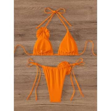 OYOANGLE Women's Bikini Set 2 Piece Floral Appliques Tie Backless Halter Triangle Swimsuit Tie Side ...