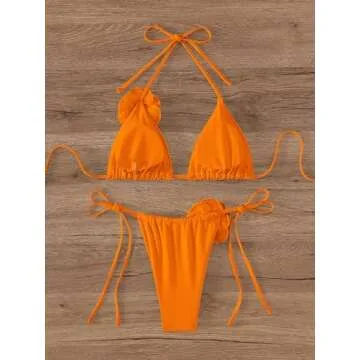 OYOANGLE Women's Bikini Set 2 Piece Floral Appliques Tie Backless Halter Triangle Swimsuit Tie Side ...