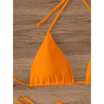 OYOANGLE Women's Bikini Set 2 Piece Floral Appliques Tie Backless Halter Triangle Swimsuit Tie Side Bathing Suits Orange X-Small
