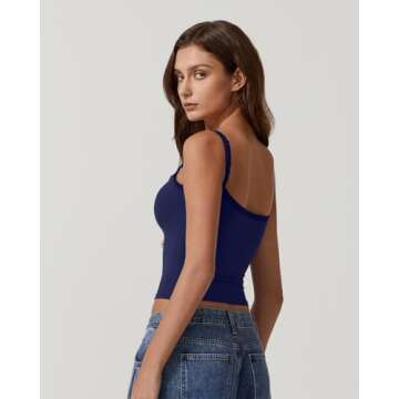 QINSEN Ladies Square Neck Cami Top Bodycon Fitted Lace Trims Spaghetti Strap Tank for Women Navy Blue S