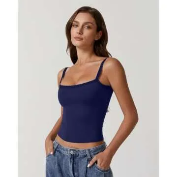 QINSEN Ladies Square Neck Cami Top Bodycon Fitted Lace Trims Spaghetti Strap Tank for Women Navy Blue S