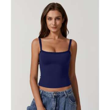 QINSEN Ladies Square Neck Cami Top Bodycon Fitted Lace Trims Spaghetti Strap Tank for Women Navy Blue S