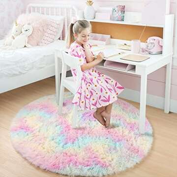 Amdrebio 5Ft Rainbow Fluffy Round Rug for Kids' Rooms