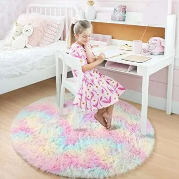 Amdrebio 5Ft Rainbow Fluffy Round Rug for Kids' Rooms