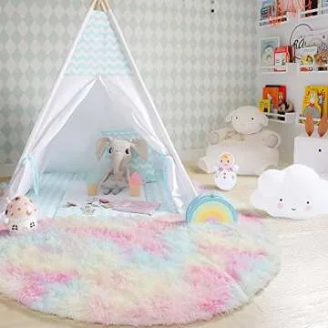 Amdrebio 5Ft Rainbow Fluffy Round Rug for Kids' Rooms
