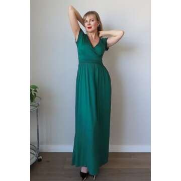 OUGES Womens Short Sleeve V-Neck Wrap Waist Maxi Dress(Green394,S)