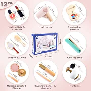 EERKEOD Wooden Makeup Toy Set for Toddlers Kids Makeup Kit for Girl Pretend Play Salon Toys Set for Kid Children Princess Birthday Gift Montessori Educational Activities for Girls