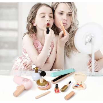 EERKEOD Wooden Makeup Toy Set for Toddlers Kids Makeup Kit for Girl Pretend Play Salon Toys Set for Kid Children Princess Birthday Gift Montessori Educational Activities for Girls