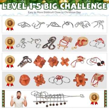 Advent Calendar 2024 Brain Teaser Puzzles for Adults Teens Kids, 24 Pcs Metal & Wood Puzzle Christma...