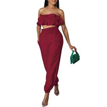 TDiooCor Womens Sexy Ruffles Layered Tops High Waist Loose Long Pant Summer Sets Casual Two Pieces Outfits With Pockets Burgundy