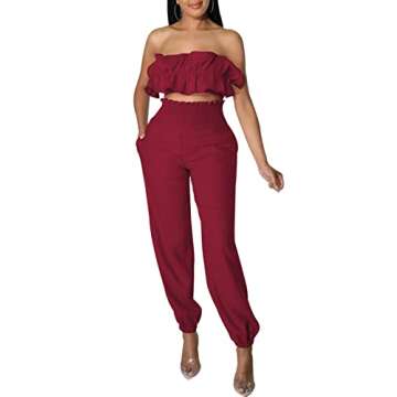 TDiooCor Womens Sexy Ruffles Layered Tops High Waist Loose Long Pant Summer Sets Casual Two Pieces Outfits With Pockets Burgundy