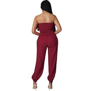 TDiooCor Womens Sexy Ruffles Layered Tops High Waist Loose Long Pant Summer Sets Casual Two Pieces Outfits With Pockets Burgundy