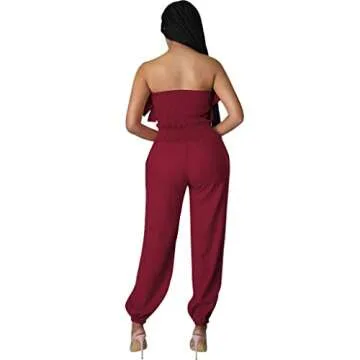 TDiooCor Womens Sexy Ruffles Layered Tops High Waist Loose Long Pant Summer Sets Casual Two Pieces Outfits With Pockets Burgundy