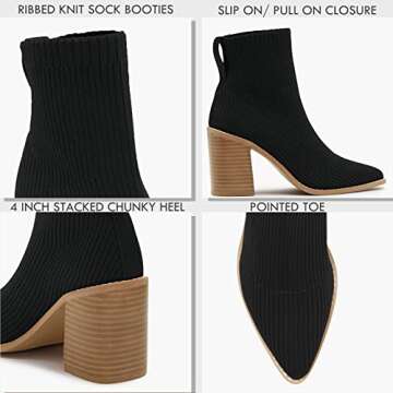 Coutgo Women's Pointed Toe Sock Ankle Boots Chunky High Stacked Heel Pull On Ribbed Knit Chelsea Boots Booties
