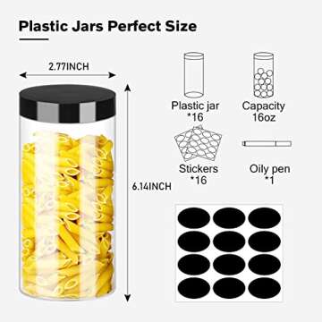 SLifeJars Plastic Jar with Lids 16oz Clear Empty Containers 16Pcs Straight Cylinders Storage Jars wi...