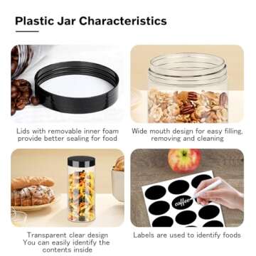 SLifeJars Plastic Jar with Lids 16oz Clear Empty Containers 16Pcs Straight Cylinders Storage Jars with Airtight Black Lid Stackable Refillable Round Plastic Jars for Kitchen Food & Home Storage