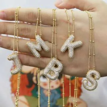 Qitian Shiny Cubic Zirconia Bubble Alphabet 26 A-Z,Puffy Name,Letter Necklace,Personalized Monogram Necklace,Balloon Initial Necklace Gifts for Women 18K Gold Plated Jewelry. (Letter Necklace-B)