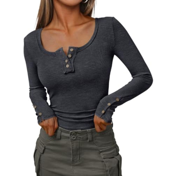 Kissfix Women's Long Sleeve Boat Neck Henley Tee – Trendy Business Casual Shirt