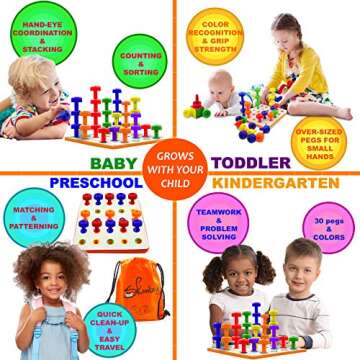 Skoolzy Pattern Play Peg Board Set with Pegs 32 Pieces - Foam Board to Learn Patterns Sorting Counting & Sequences Fine Motor Stacking Sensory Toys Toddler Preschool Kids Includes eBook