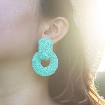 Statement Raffia Earrings Cute Boho Earrings Rattan Dangle Earrings Handmade Straw Wrap Earrings Sum...