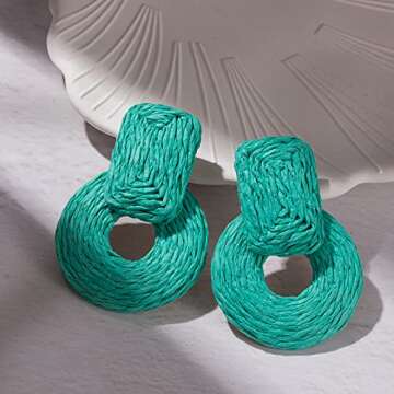 Statement Raffia Earrings Cute Boho Earrings Rattan Dangle Earrings Handmade Straw Wrap Earrings Summer Drop Dangling Earrings for Women(Turquoise Blue)