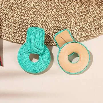 Statement Raffia Earrings Cute Boho Earrings Rattan Dangle Earrings Handmade Straw Wrap Earrings Summer Drop Dangling Earrings for Women(Turquoise Blue)