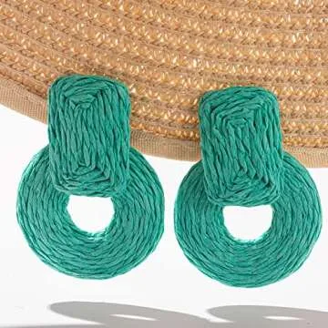Statement Raffia Earrings Cute Boho Earrings Rattan Dangle Earrings Handmade Straw Wrap Earrings Summer Drop Dangling Earrings for Women(Turquoise Blue)