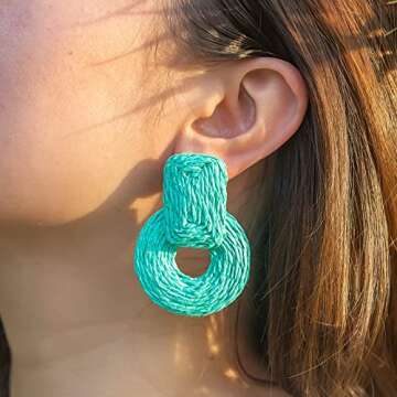 Statement Raffia Earrings Cute Boho Earrings Rattan Dangle Earrings Handmade Straw Wrap Earrings Summer Drop Dangling Earrings for Women(Turquoise Blue)