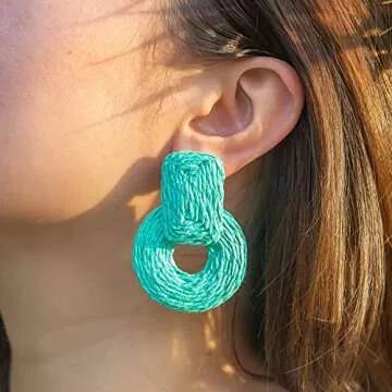 Statement Raffia Earrings Cute Boho Earrings Rattan Dangle Earrings Handmade Straw Wrap Earrings Summer Drop Dangling Earrings for Women(Turquoise Blue)