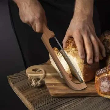 ROYOROYI Bread Slicer for Homemade Bread,16" Wooden Sourdough Bread knife with Bow Design,Premium Stainless Steel Serrated Saw Bread cutter for Bagels, Baguettes and More