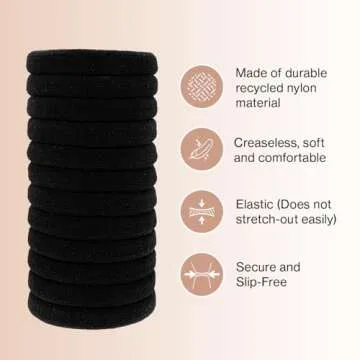 Kitsch Nylon Hair Ties for Girls & Women - No Snag, Pain-free Hair Ties No Damage Ideal for Ponytails, Updos & Braids, 12pcs Black