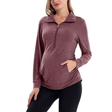 GINKANA Maternity Pullover Shirt Maternity Zipper Shirts Lapel Long Sleeve Casual Lightweight Pregnancy Tops with Pockets,Burgundy,L
