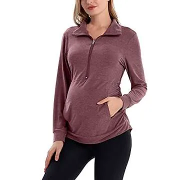 GINKANA Maternity Pullover Shirt Maternity Zipper Shirts Lapel Long Sleeve Casual Lightweight Pregnancy Tops with Pockets,Burgundy,L