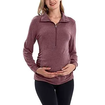 GINKANA Maternity Pullover Shirt Maternity Zipper Shirts Lapel Long Sleeve Casual Lightweight Pregnancy Tops with Pockets,Burgundy,L