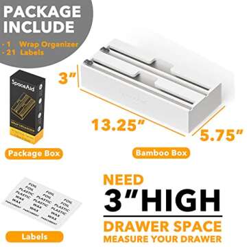 SpaceAid WrapNeat 2 in 1 Wrap Organizer with Cutter and Labels, Plastic Wrap, Aluminum Foil and Wax Bamboo Dispenser for Kitchen Storage Organization Holder for 12" Roll (White)
