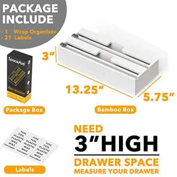 SpaceAid WrapNeat 2 in 1 Wrap Organizer with Cutter and Labels, Plastic Wrap, Aluminum Foil and Wax Bamboo Dispenser for Kitchen Storage Organization Holder for 12" Roll (White)