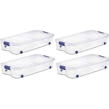 4-Pack Under Bed Plastic Storage Bin Unit Boxes Are Containers For Clothes, Books, Diapers, Shoes, Linen. Office Supplies, Camping, RV, Pantry Foods 66 Quart Capacity