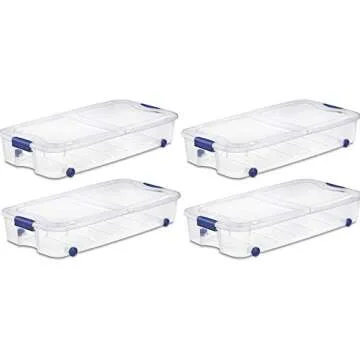 4-Pack Under Bed Plastic Storage Bin Unit Boxes Are Containers For Clothes, Books, Diapers, Shoes, Linen. Office Supplies, Camping, RV, Pantry Foods 66 Quart Capacity