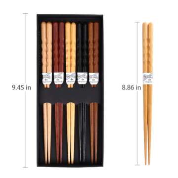 MFJUNS Reusable Wooden Chopsticks Set - 5 Pairs Gift Box with Non-Slip Design