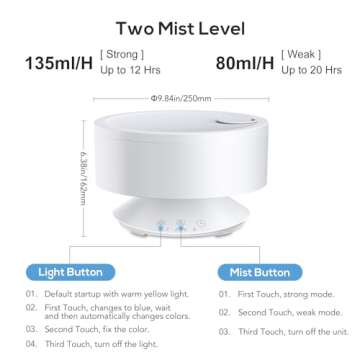 Humidifiers Easy to Clean,Essential Oil Diffuser, Colorful Night Light,Ultrasonic Top Fill Cool Mist Humidifiers for Bedroom Baby Plants,Ultra Quiet,Last up to 20 Hrs,1.6L,Levoair
