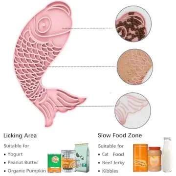 Licking Mat for Cats,Fish-Shaped Cat Slow Feeders Lick Mat, Non-Slip Slow Feeders Licking Mat with Suction Cups for Reducing Boredom, Great for Bathing and Grooming（Pink）