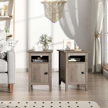 JAXPETY Modern Farmhouse Nightstand Set of 2, Wooden Bedside End Table with Switchable Door, Open Sh...