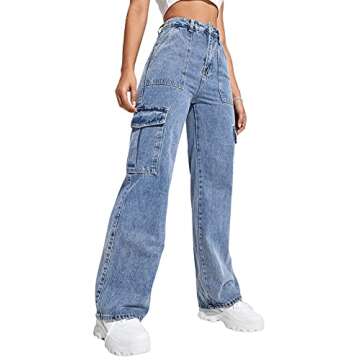 SweatyRocks Women's High Waist Cargo Jeans Flap Pocket Wide Leg Denim Pants Blue S