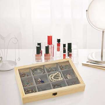 Wooden Jewelry Tray with Lid, Jewelry Display Storage Organizer with Removable 12 Grid, Jewelry Show...