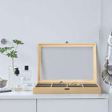 Wooden Jewelry Tray with Lid, Jewelry Display Storage Organizer with Removable 12 Grid, Jewelry Showcase Storage Box for Rings, Earrings , Necklaces, Bracelet , Brooch Buttons, 13.8 x 9.5 x 2 inch ,