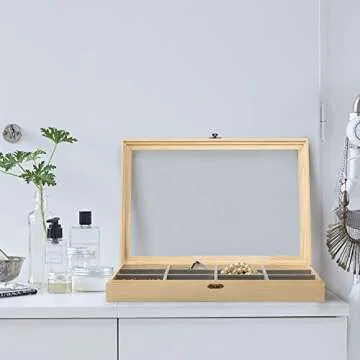 Wooden Jewelry Tray with Lid, Jewelry Display Storage Organizer with Removable 12 Grid, Jewelry Showcase Storage Box for Rings, Earrings , Necklaces, Bracelet , Brooch Buttons, 13.8 x 9.5 x 2 inch ,