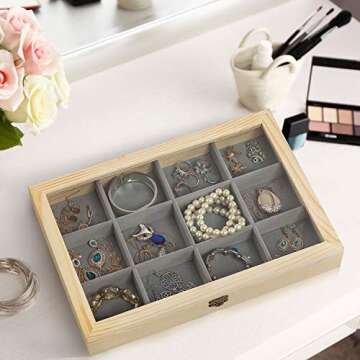 Wooden Jewelry Tray with Lid, Jewelry Display Storage Organizer with Removable 12 Grid, Jewelry Showcase Storage Box for Rings, Earrings , Necklaces, Bracelet , Brooch Buttons, 13.8 x 9.5 x 2 inch ,