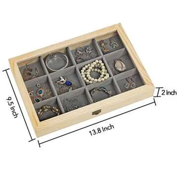 Wooden Jewelry Tray with Lid, Jewelry Display Storage Organizer with Removable 12 Grid, Jewelry Showcase Storage Box for Rings, Earrings , Necklaces, Bracelet , Brooch Buttons, 13.8 x 9.5 x 2 inch ,